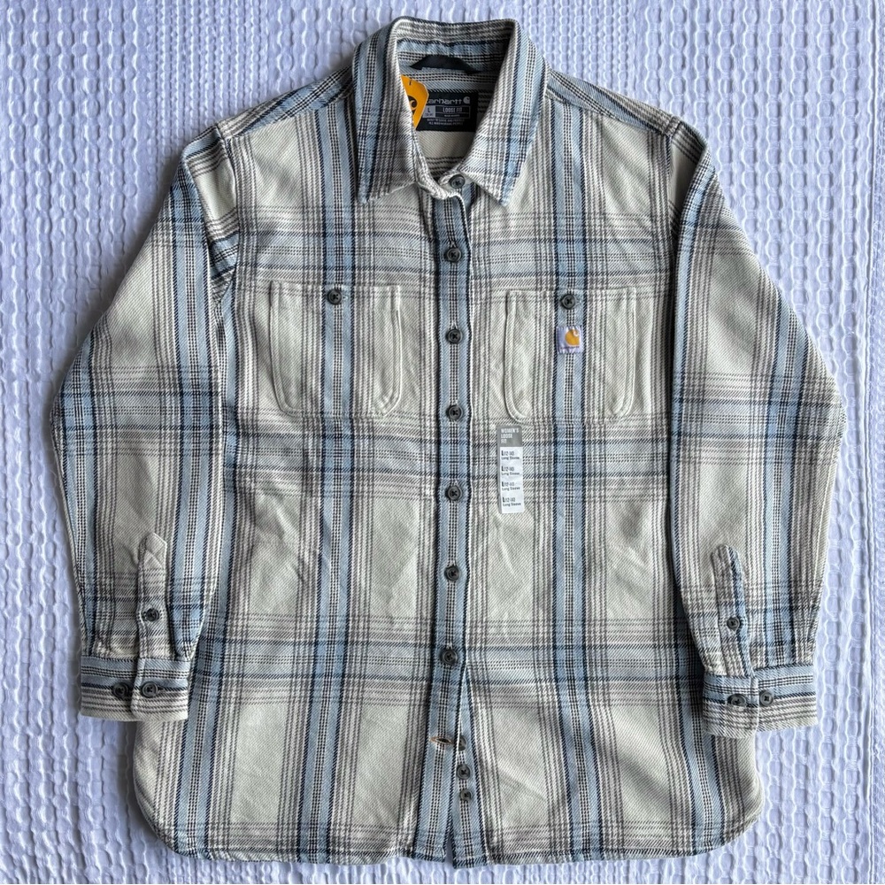 NWT Carhartt Womens Loose Fit Heavyweight Twill Shirt Jacket Cream Blue Size L